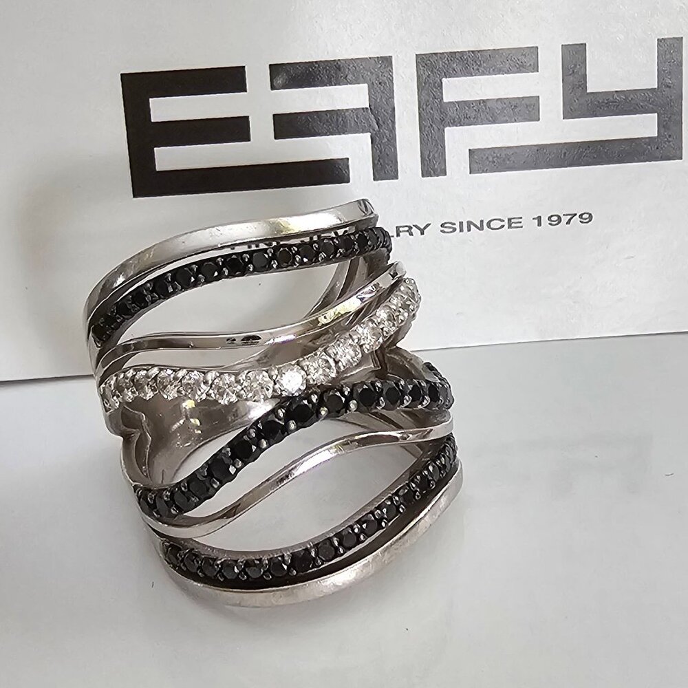 EFFY Caviar 14K White Gold White and Black Diamond Crossover Ring, size 8